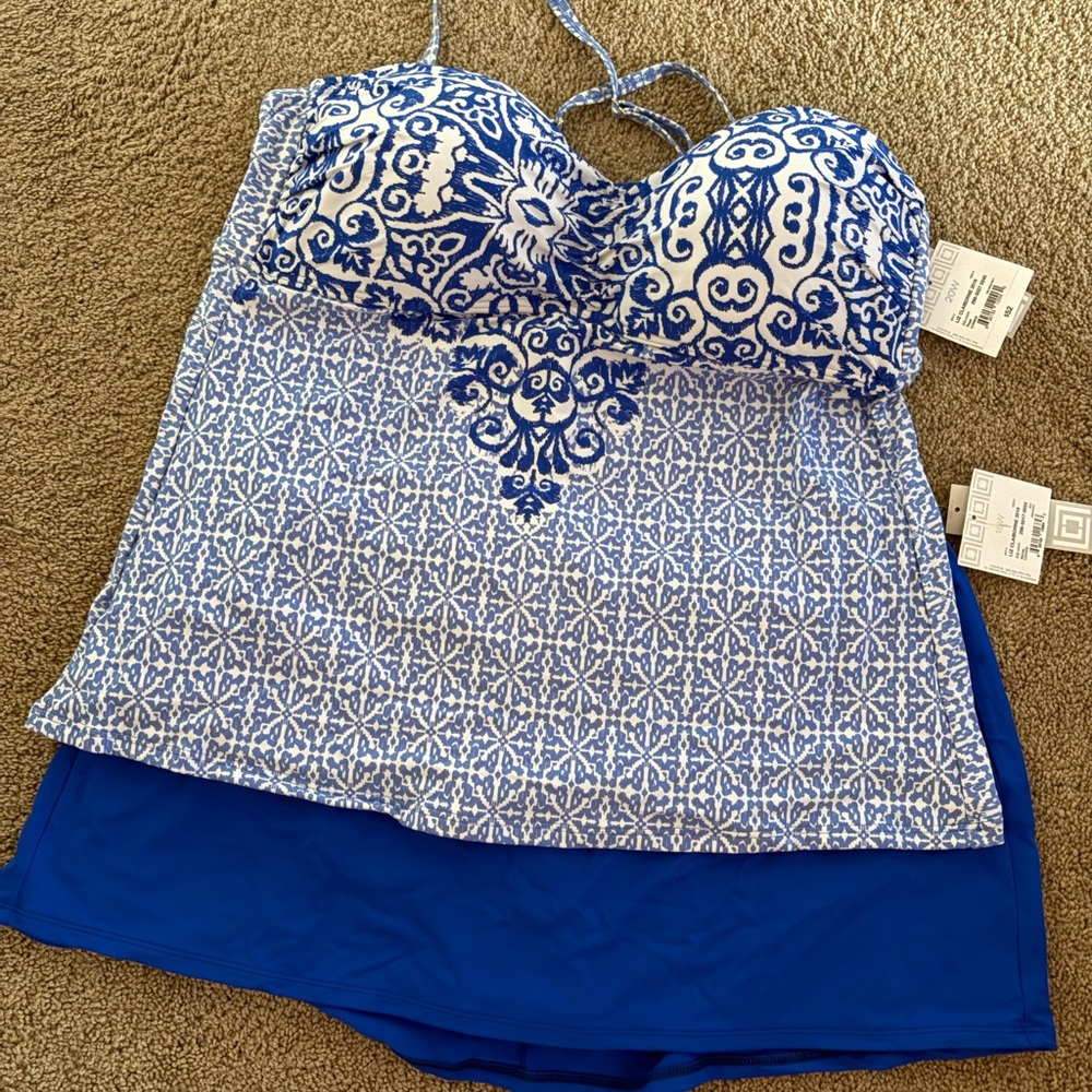 Liz Claiborne Blue and White Printed Tankini with Royal Blue Skirted Bottoms